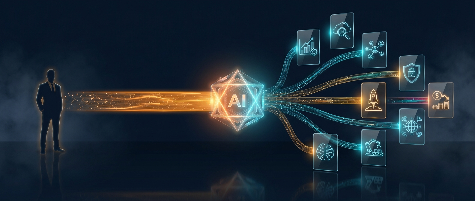 CEO-AIOS Ecosystem Flow — CEO podłączony do systemu AI, który zarządza 9 obszarami firmy